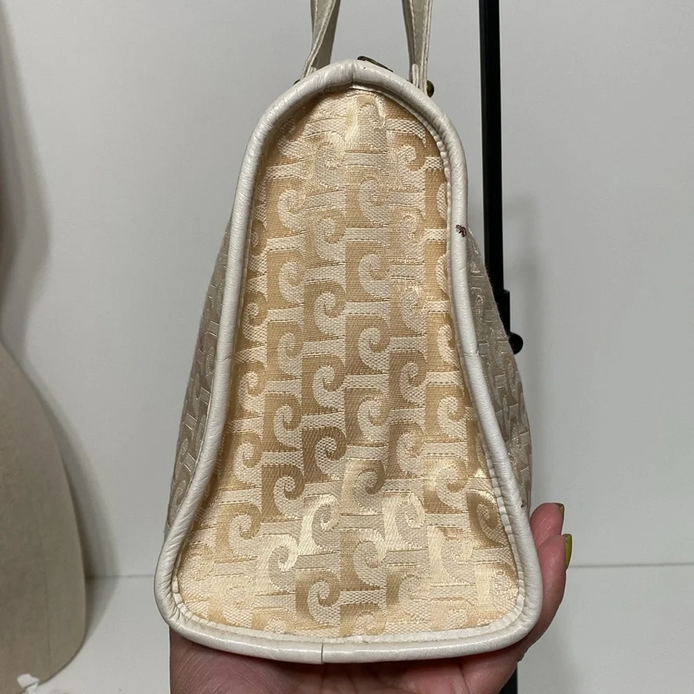 Vintage Pierre Cardin 1970’s Monogram Canvas and Leather Satchel Purse in Ivory